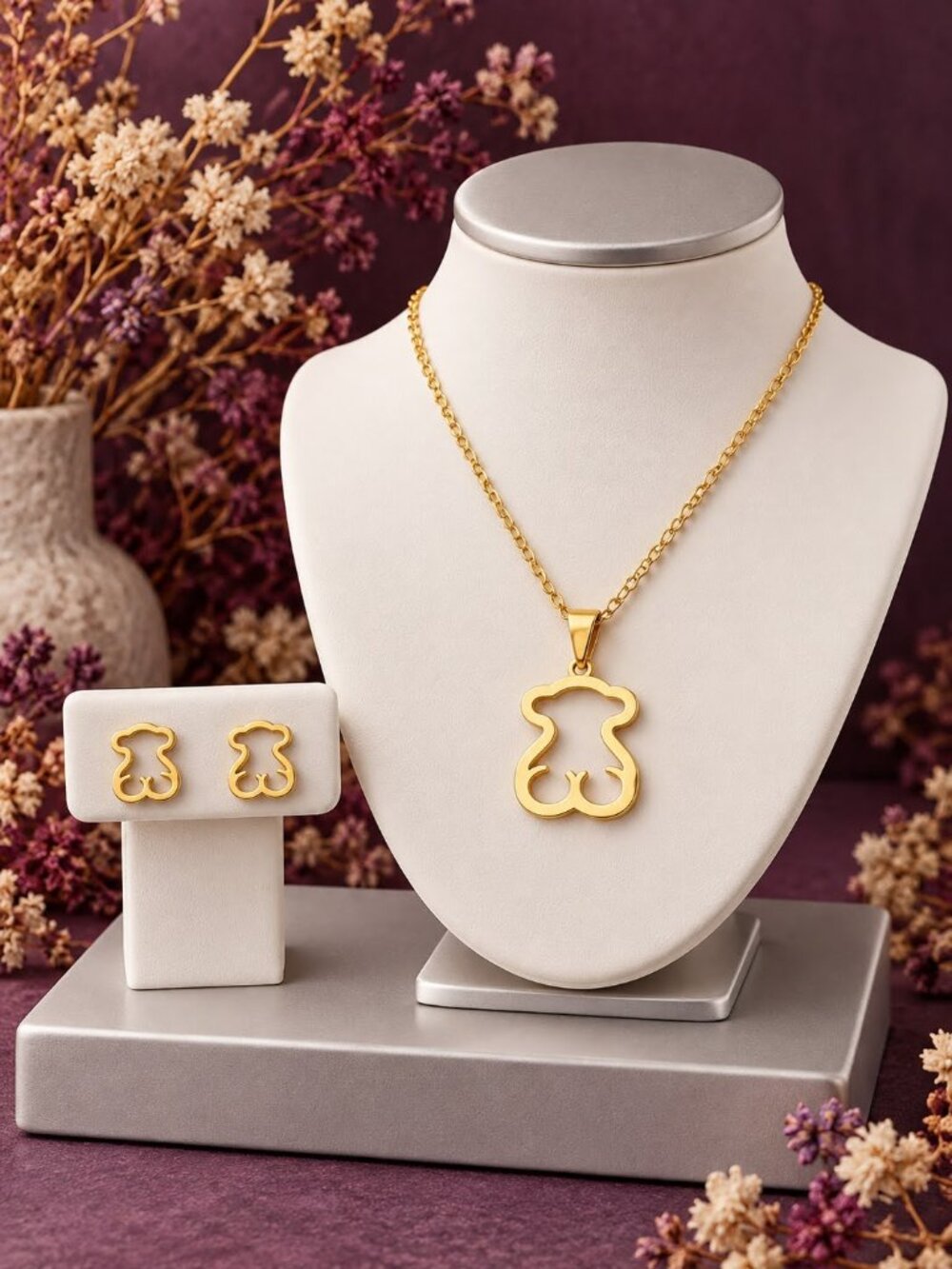 Teddy Bear Necklace Earring Jewelry Set 18K Gold Plated Cutout Dainty Coquette